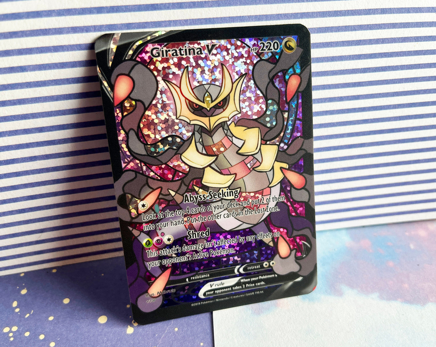 Holo Glitter Giratina / Custom holographic Pokémon card / V Card / Stained glass art