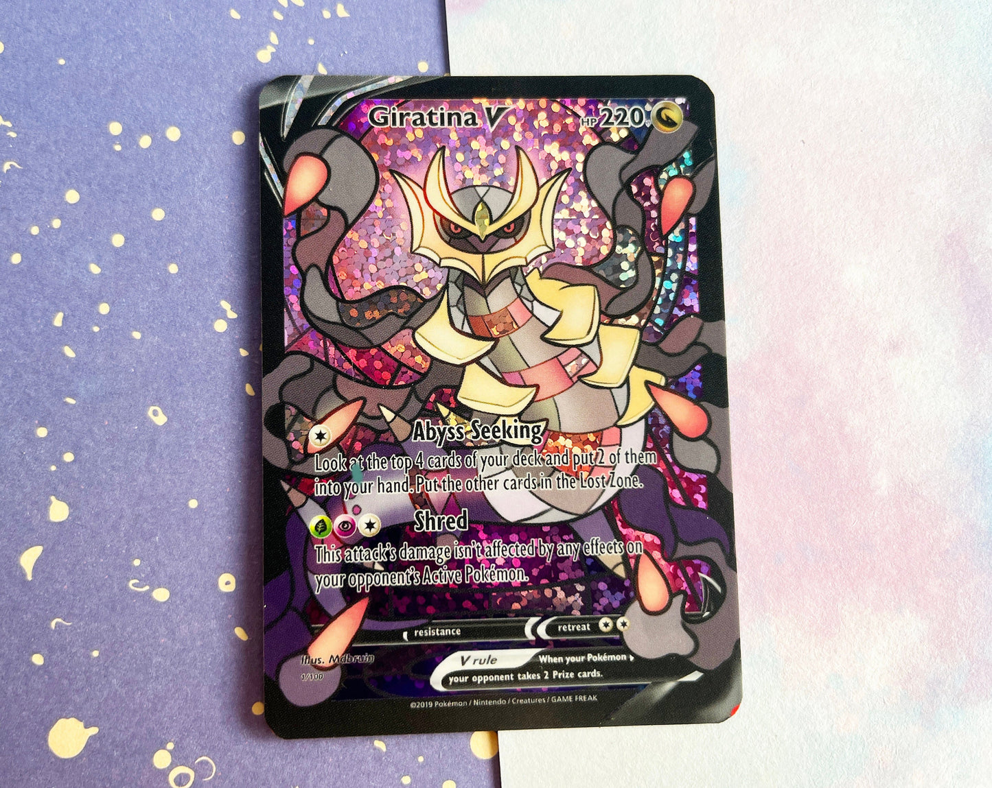 Holo Glitter Giratina / Custom holographic Pokémon card / V Card / Stained glass art
