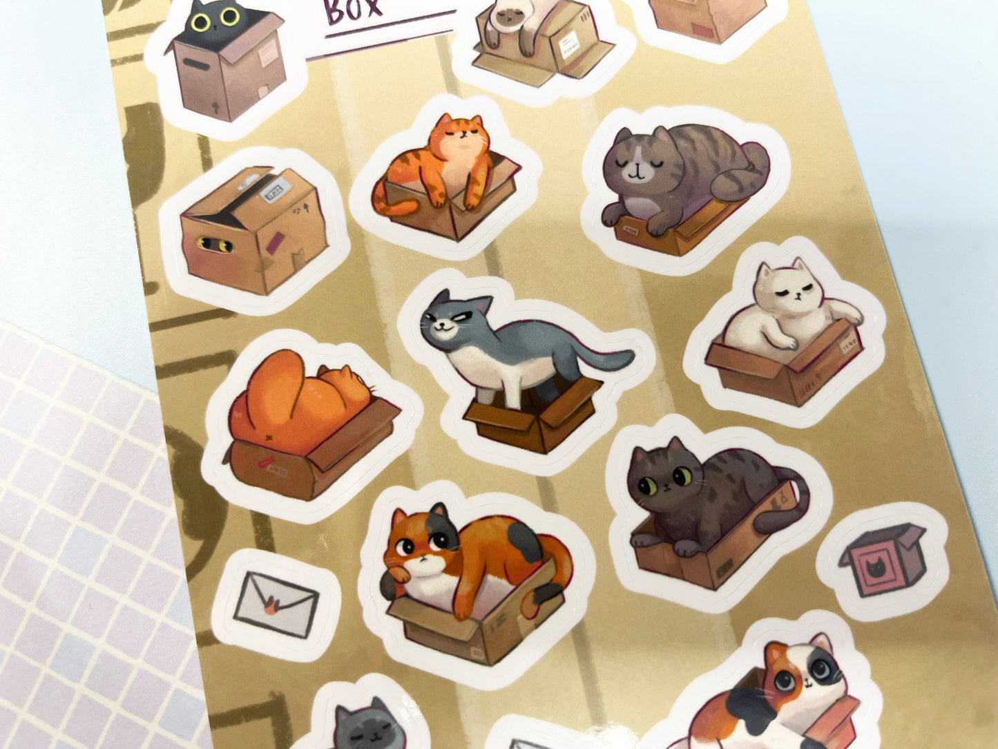 Cute cat vs box Sticker sheet / great for cute postal stickers / size A6