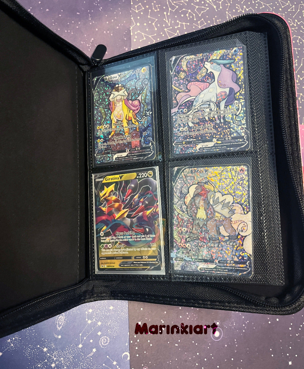 Collection of trading cards in a black case with a starry background