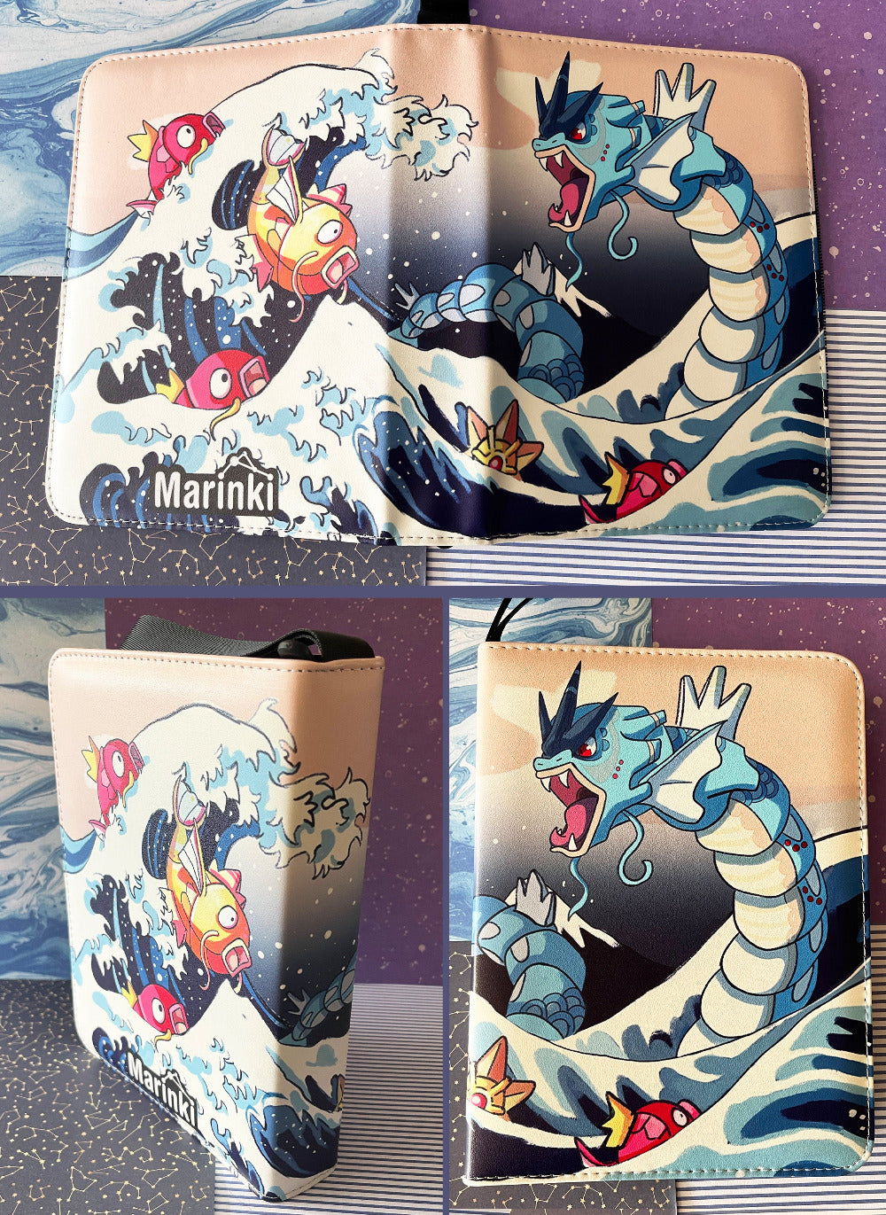 Collage of a cartoon-style dragon design on a product with 'Marinki' branding.