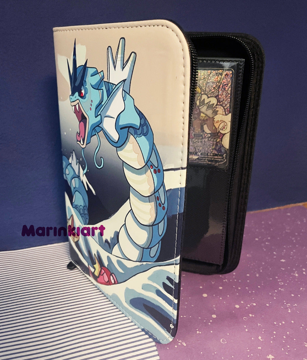 Card holder with a dragon design on a striped surface