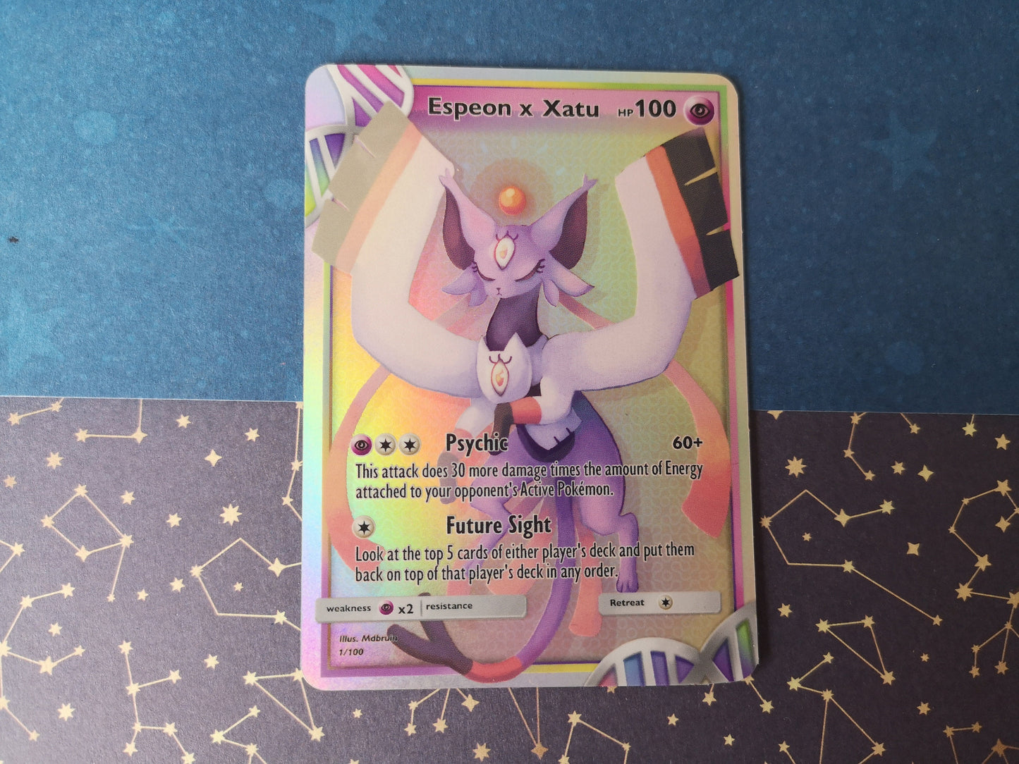 Holo Espeon + Xatu or hatterene + braixen fusion / Custom holographic Pokémon card