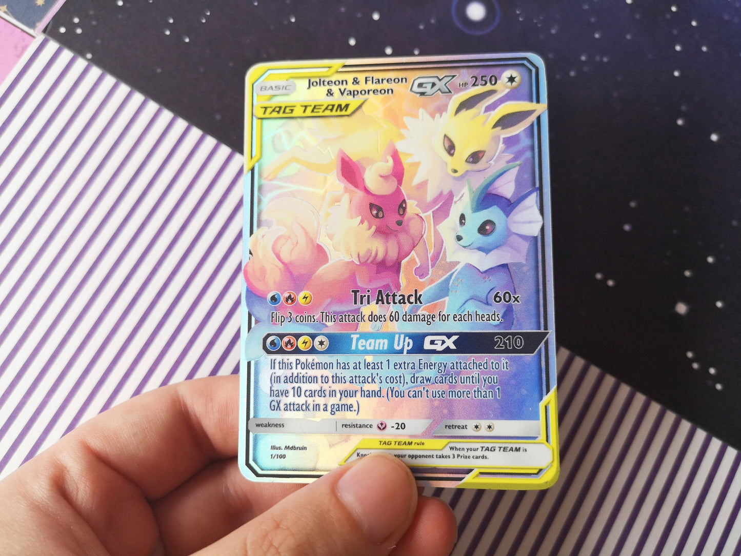 Holo eeveelution vaporeon, jolteon and flareon / Custom holographic Pokémon card / tag team card