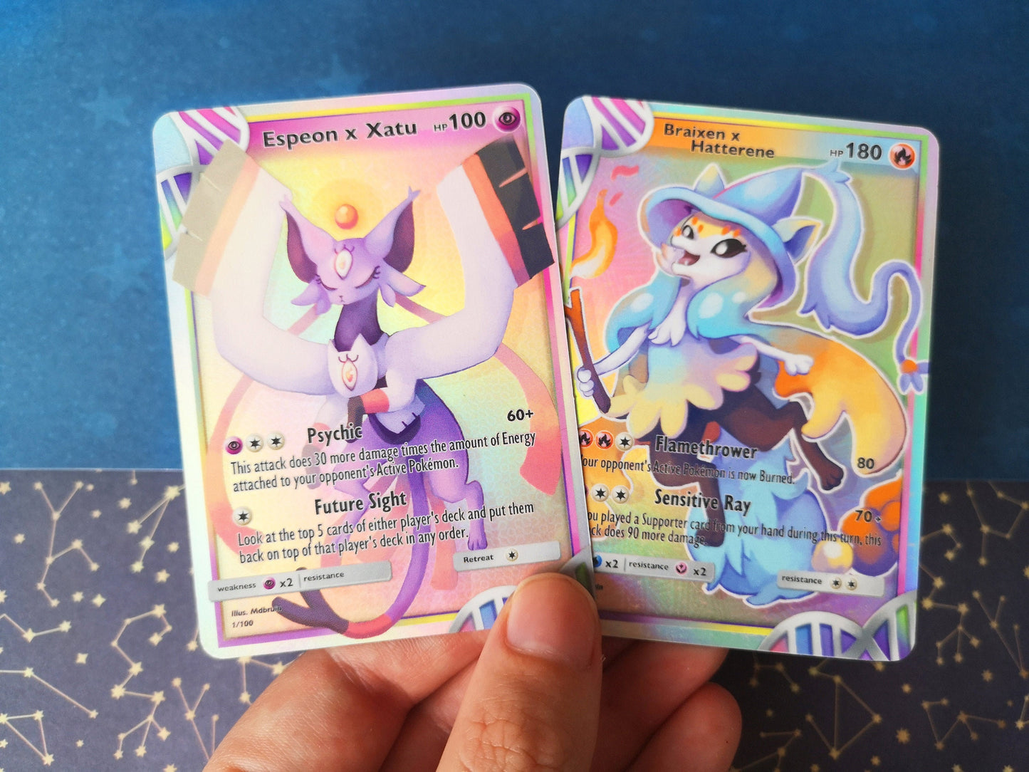 Holo Espeon + Xatu or hatterene + braixen fusion / Custom holographic Pokémon card