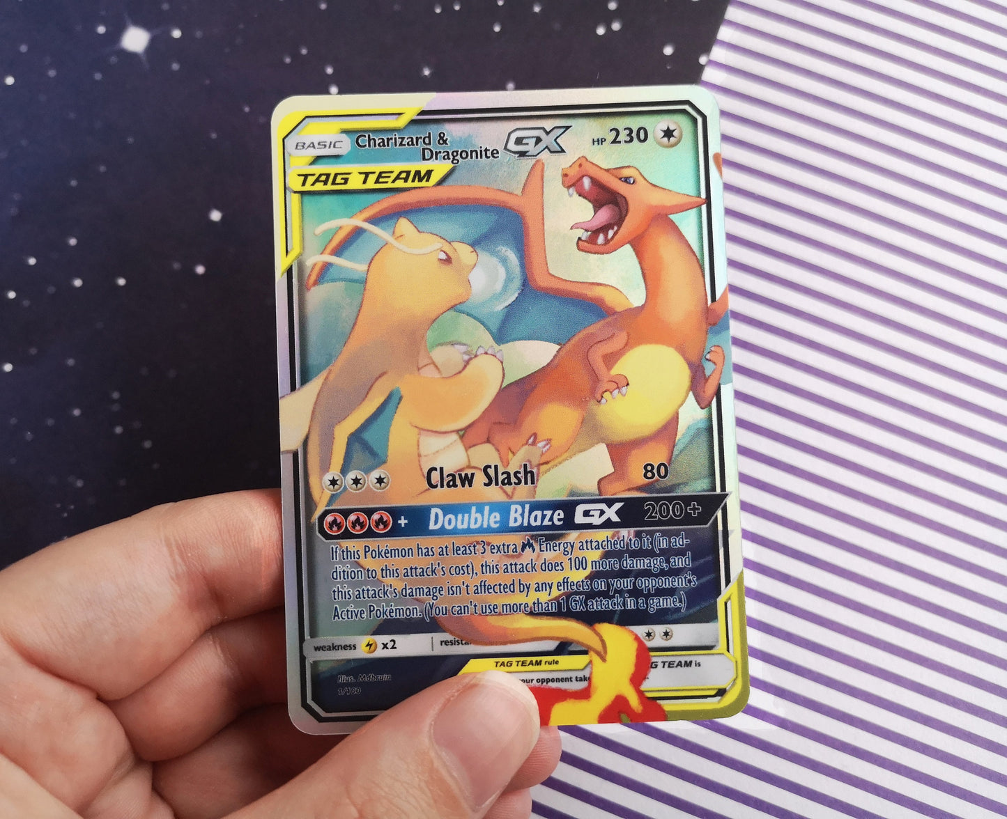 Holo Dragonite and Charizard / Custom holographic Pokémon card / tag team card
