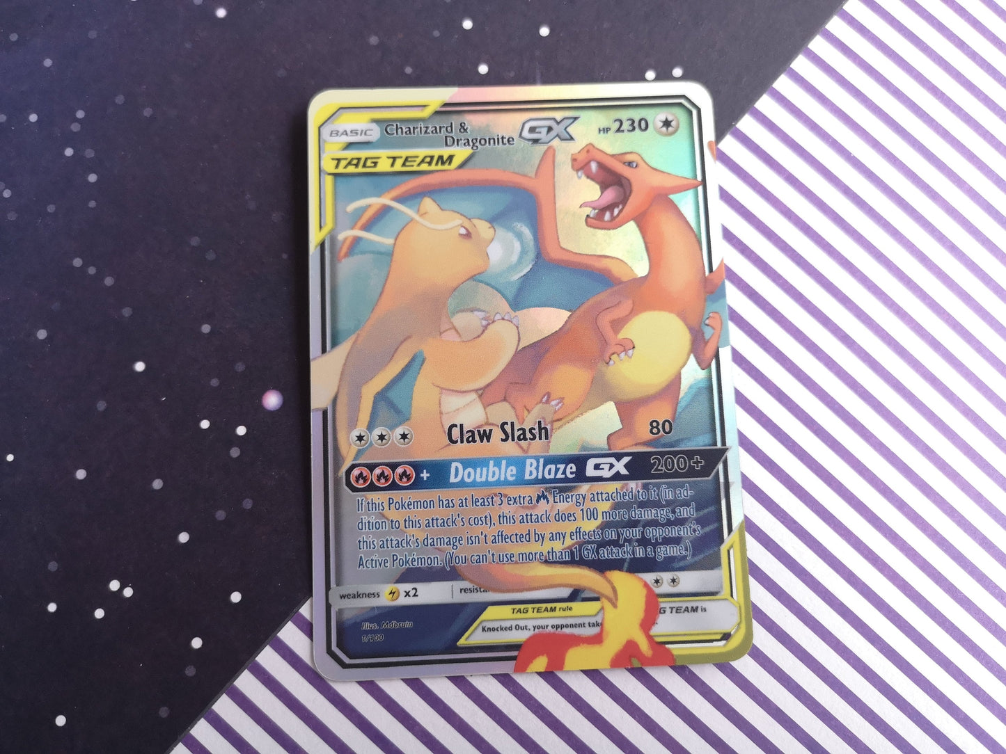 Holo Dragonite and Charizard / Custom holographic Pokémon card / tag team card