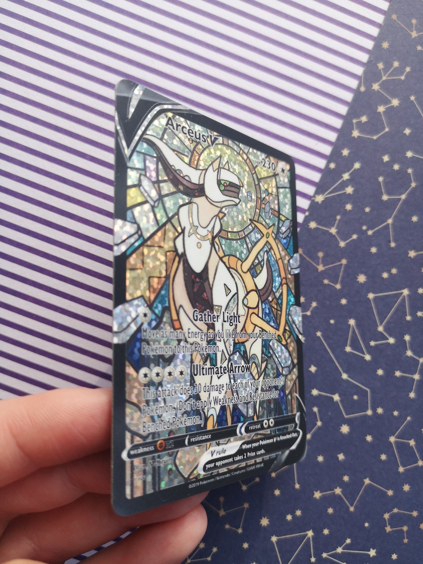 Holo Glitter Arceus / Custom holographic Pokémon card / V Card / Stained glass art