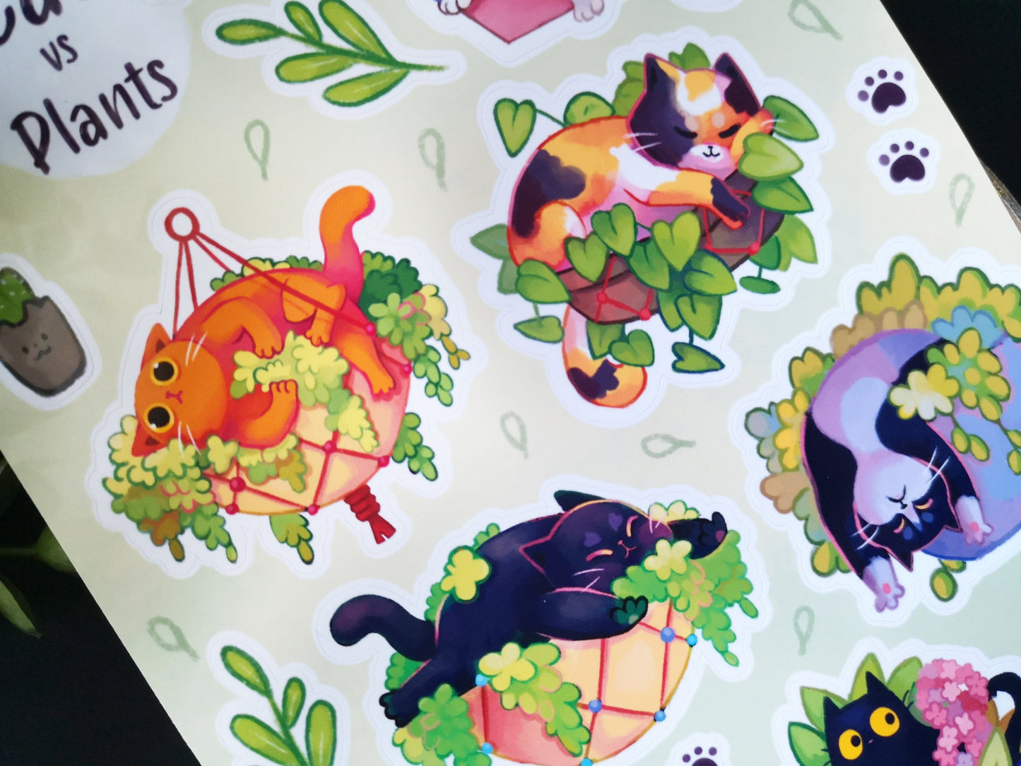 Sticker sheet cat vs plant / Void Cat, white cat, tabby cat, bicolor, calico / A6