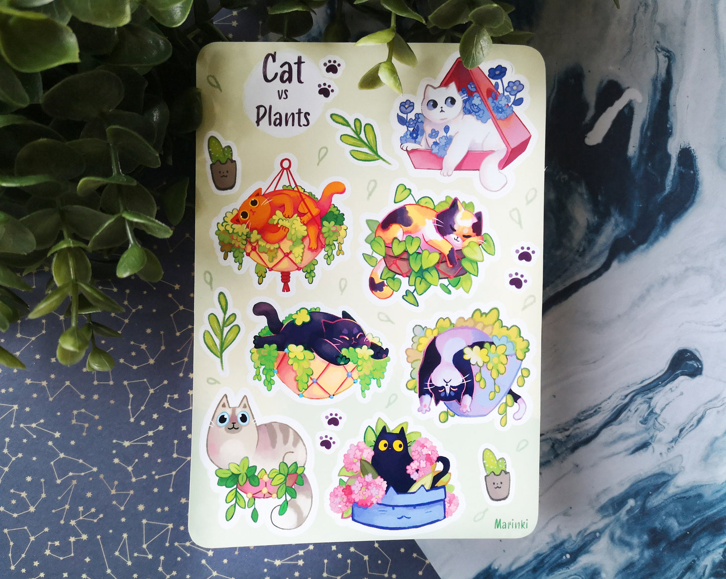 Sticker sheet cat vs plant / Void Cat, white cat, tabby cat, bicolor, calico / A6