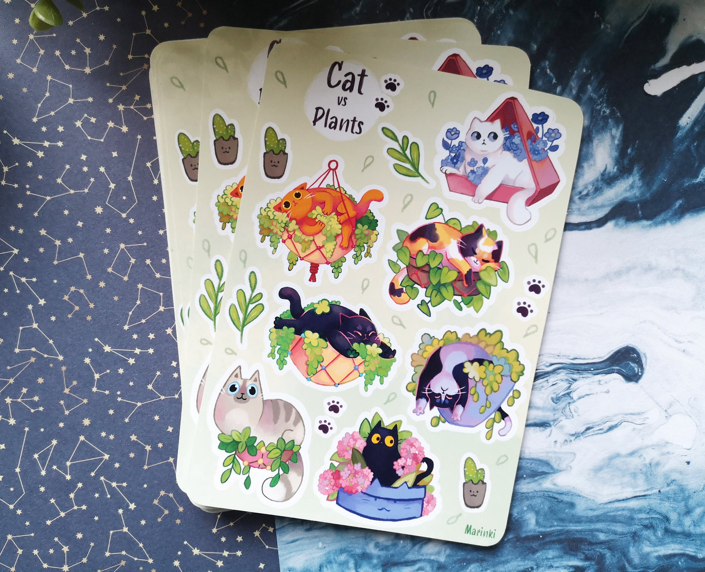 Sticker sheet cat vs plant / Void Cat, white cat, tabby cat, bicolor, calico / A6