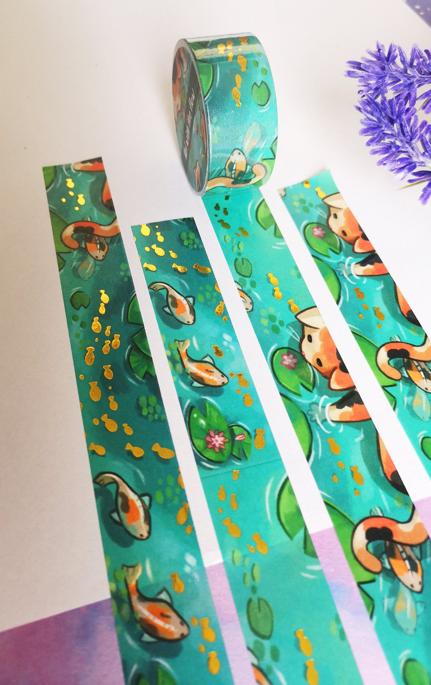 Cute calico cat and koi animal - Gold Foil Washi Tape - 2cmx1000cm