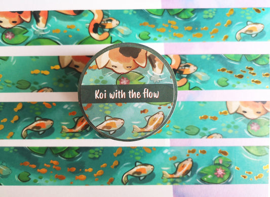 Cute calico cat and koi animal - Gold Foil Washi Tape - 2cmx1000cm
