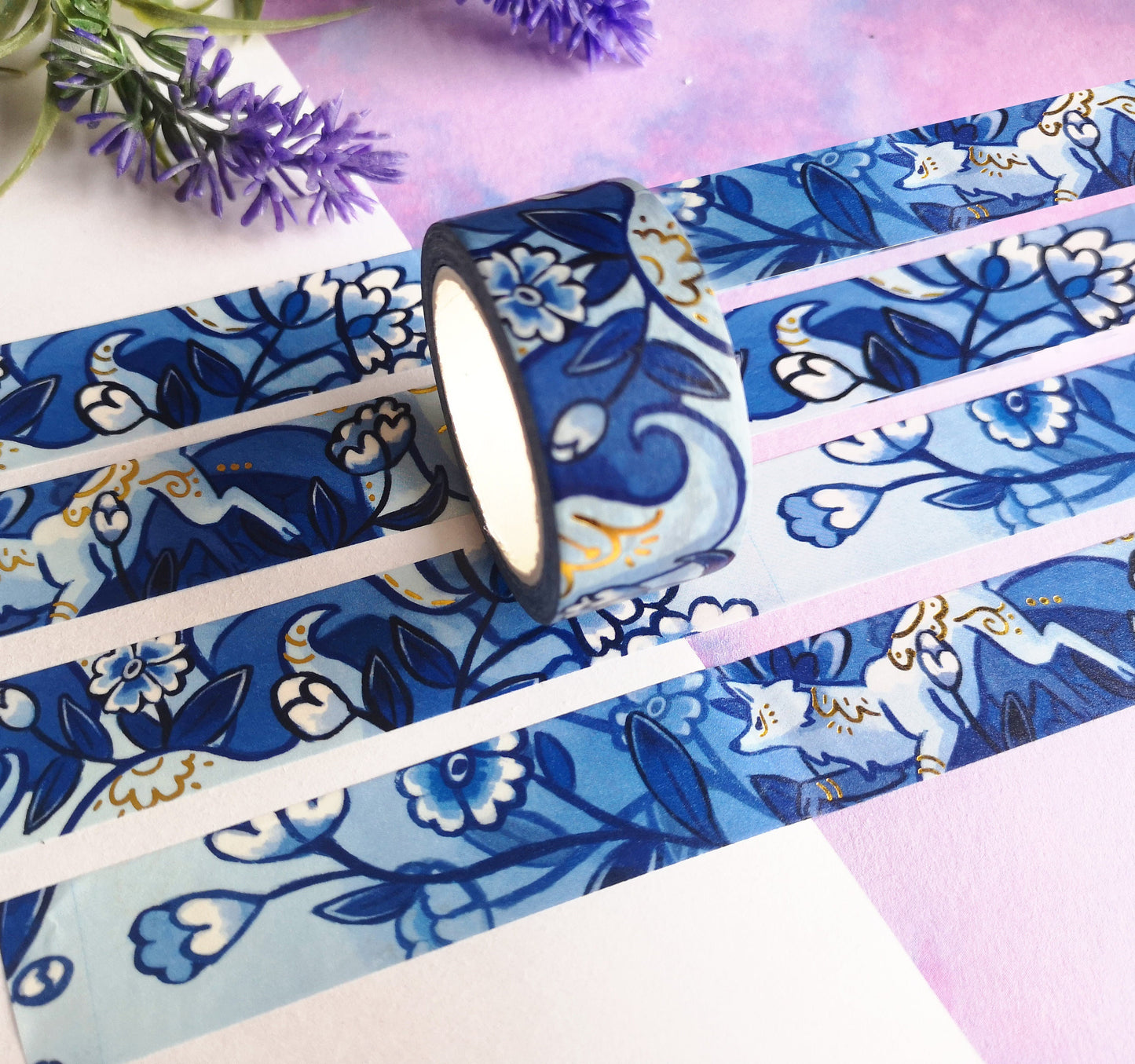 Cute blue ninetail fox  - Gold Foil Washi Tape - 2cmx1000cm