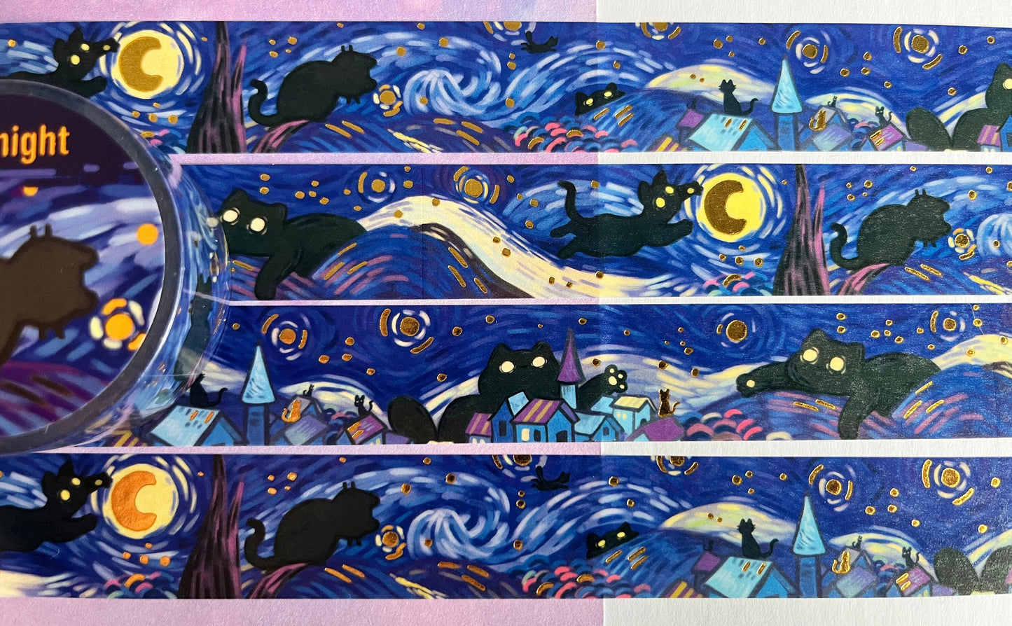 Black cat Starry night van Gogh - Gold foil Washi Tape - 2cmx1000cm