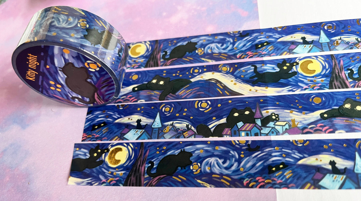 Black cat Starry night van Gogh - Gold foil Washi Tape - 2cmx1000cm