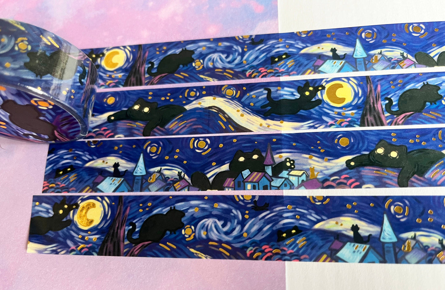Black cat Starry night van Gogh - Gold foil Washi Tape - 2cmx1000cm