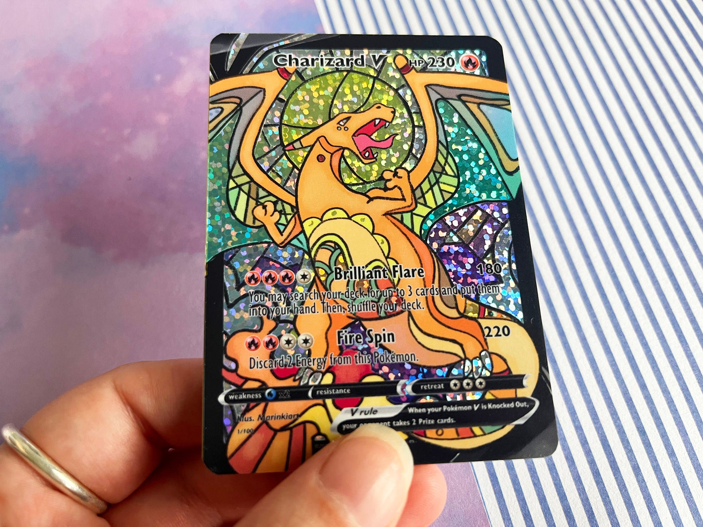 Holo stained glass charizard / Custom holographic Pokémon card / V card
