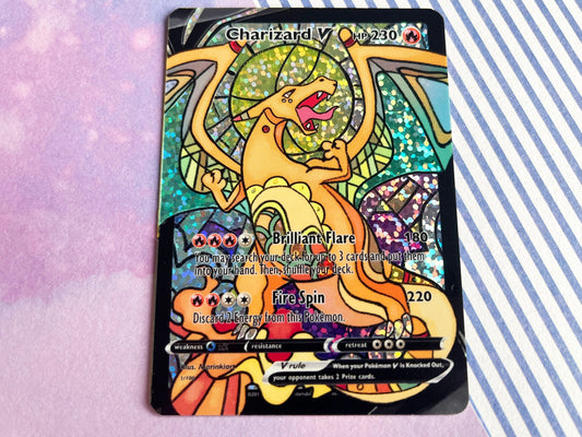 Holo stained glass charizard / Custom holographic Pokémon card / V card