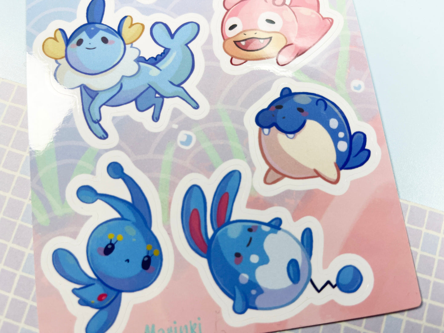 Sticker sheet water type pokemon / vaporeon, mudkip, Slowpoke, Wooper, Manaphy, Azumarill, Spheal / A6