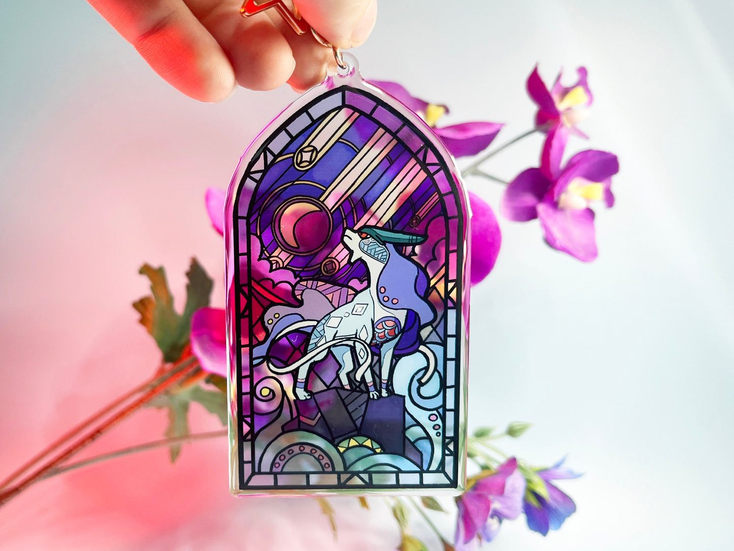 Big Acrylic Pokemon stained glass suicune Charm / bouble sided / HUGE 11 cm /