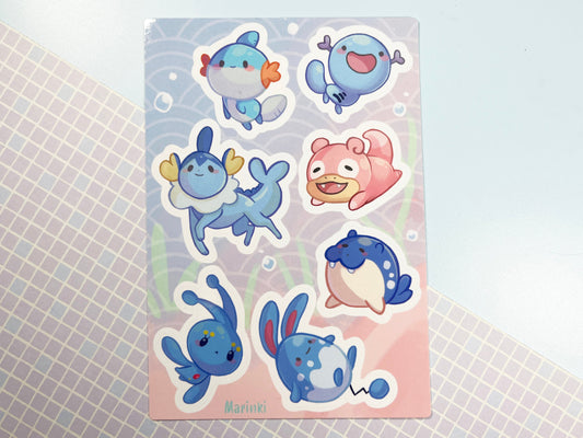 Sticker sheet water type pokemon / vaporeon, mudkip, Slowpoke, Wooper, Manaphy, Azumarill, Spheal / A6