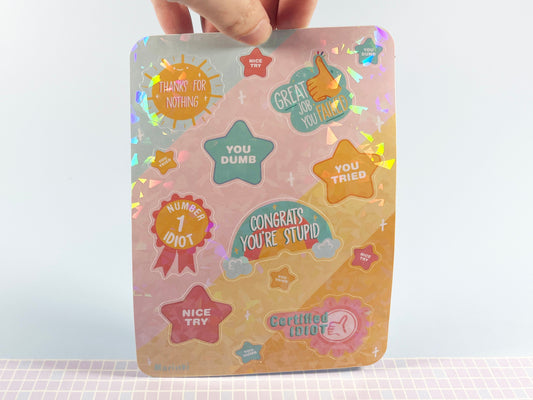 Mean funny sticker sheet / congrats you're stupid, you tried, you get a star  / size A6