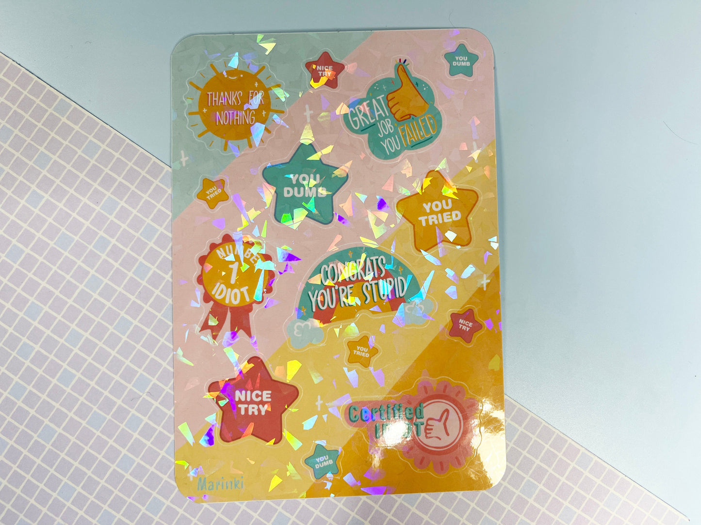 Mean funny sticker sheet / congrats you're stupid, you tried, you get a star  / size A6