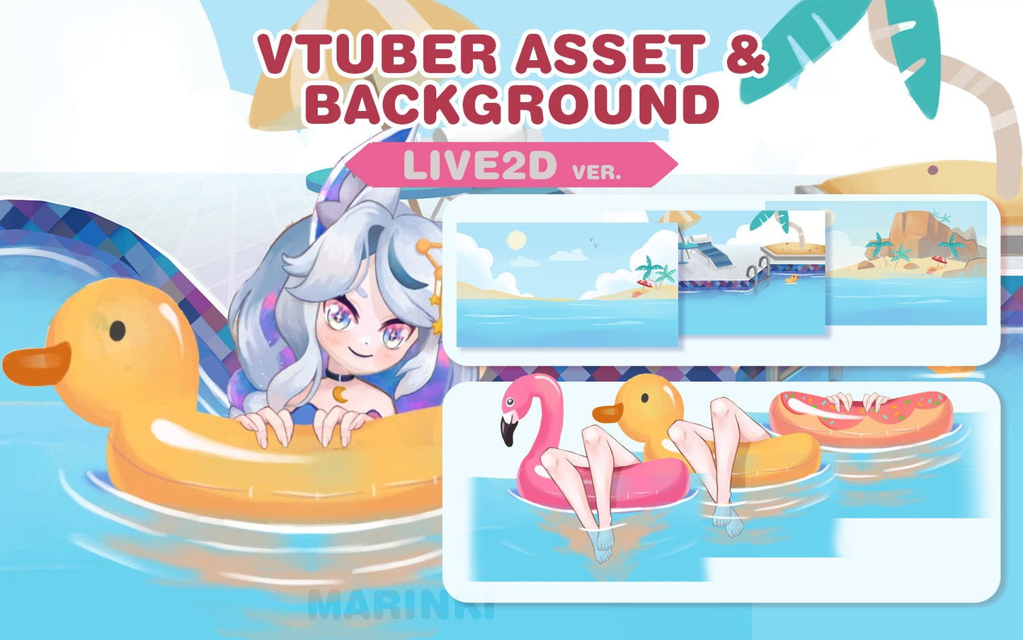 vtuber asset | Summer pool floatie & animated beach and pool background |  | Live2D version |