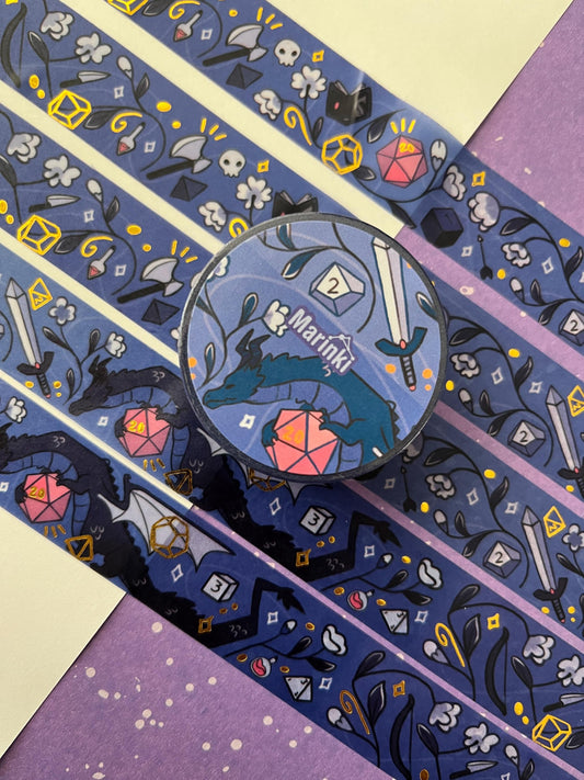 D&D Washi Tape: Dark Blue with Gold Foil - Fantasy Theme /  2cmx1000cm