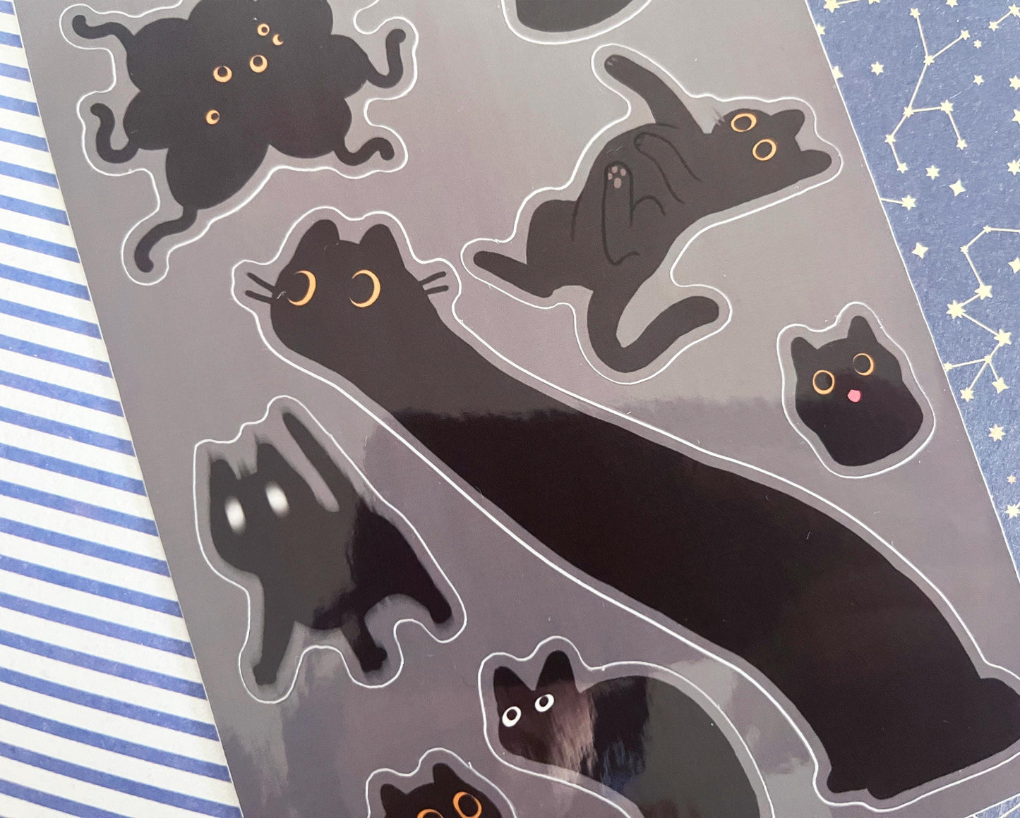 Holographic Black Cat, void cat Sticker Sheet: A6 Vinyl Decals
