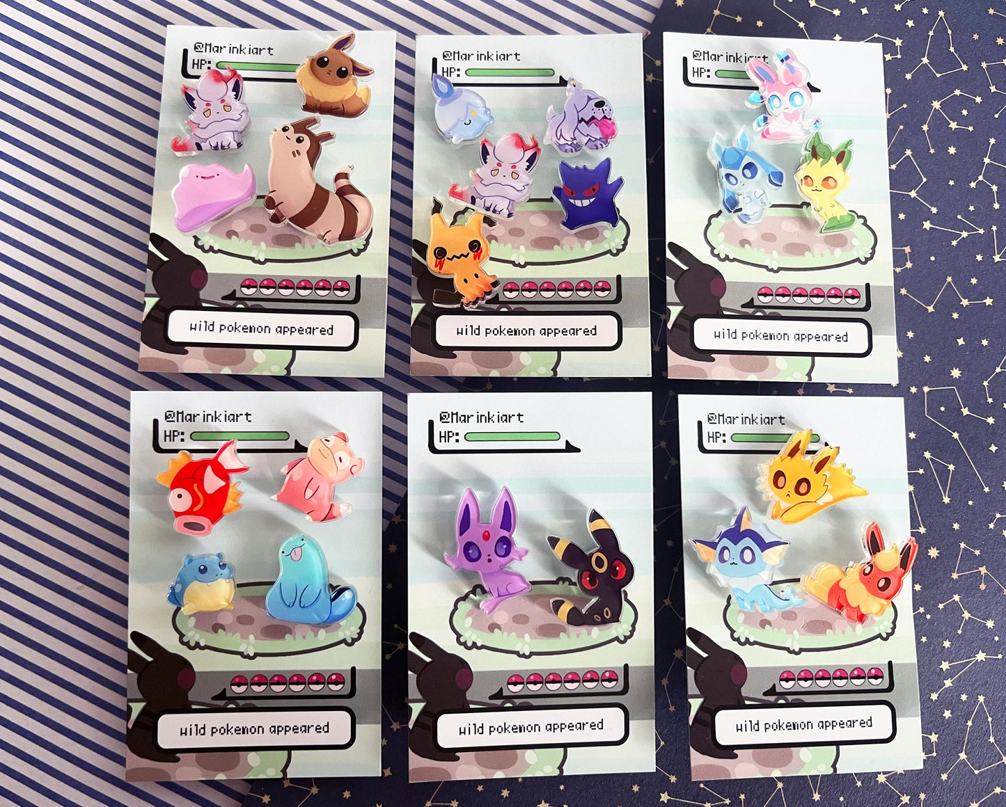 Acrylic mini pins Pokemon / water types, ghost type, normal type and eeveelution / around 1 to 2 cm / 4 pieces