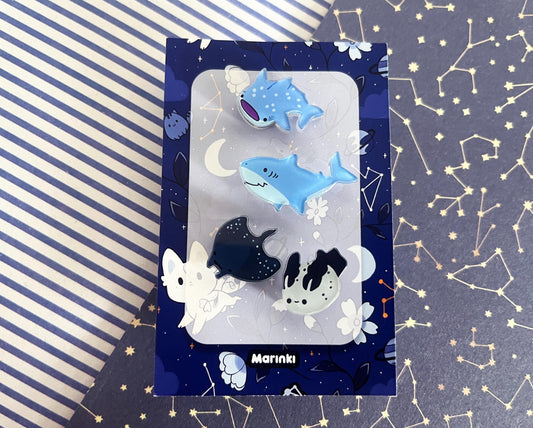 Mini Acrylic Ocean Animal Pins: Shark, Ray, Sea Bunny  / around 1 to 2 cm / 4 pieces