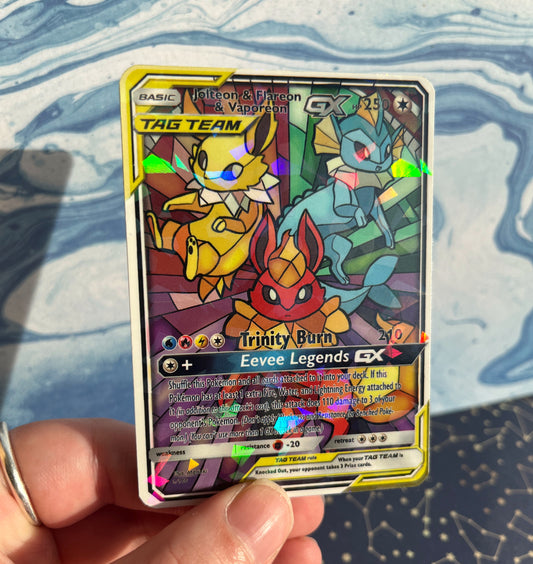 Jolteon, Flareon and Vaporeon stained-glass / Custom holographic Pokémon card / Tag team card